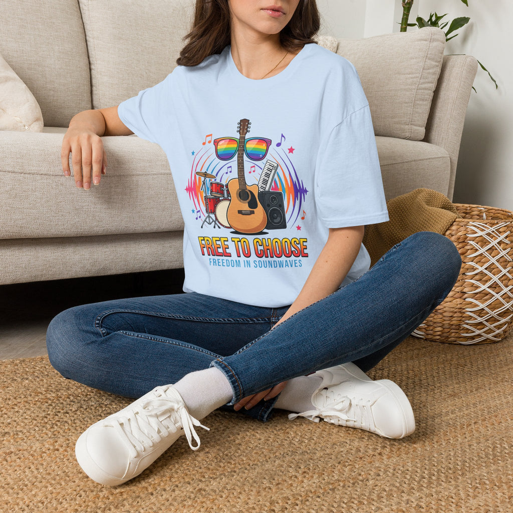 Music Pride T-Shirt — "Free to Choose" Rainbow Guitar Tee