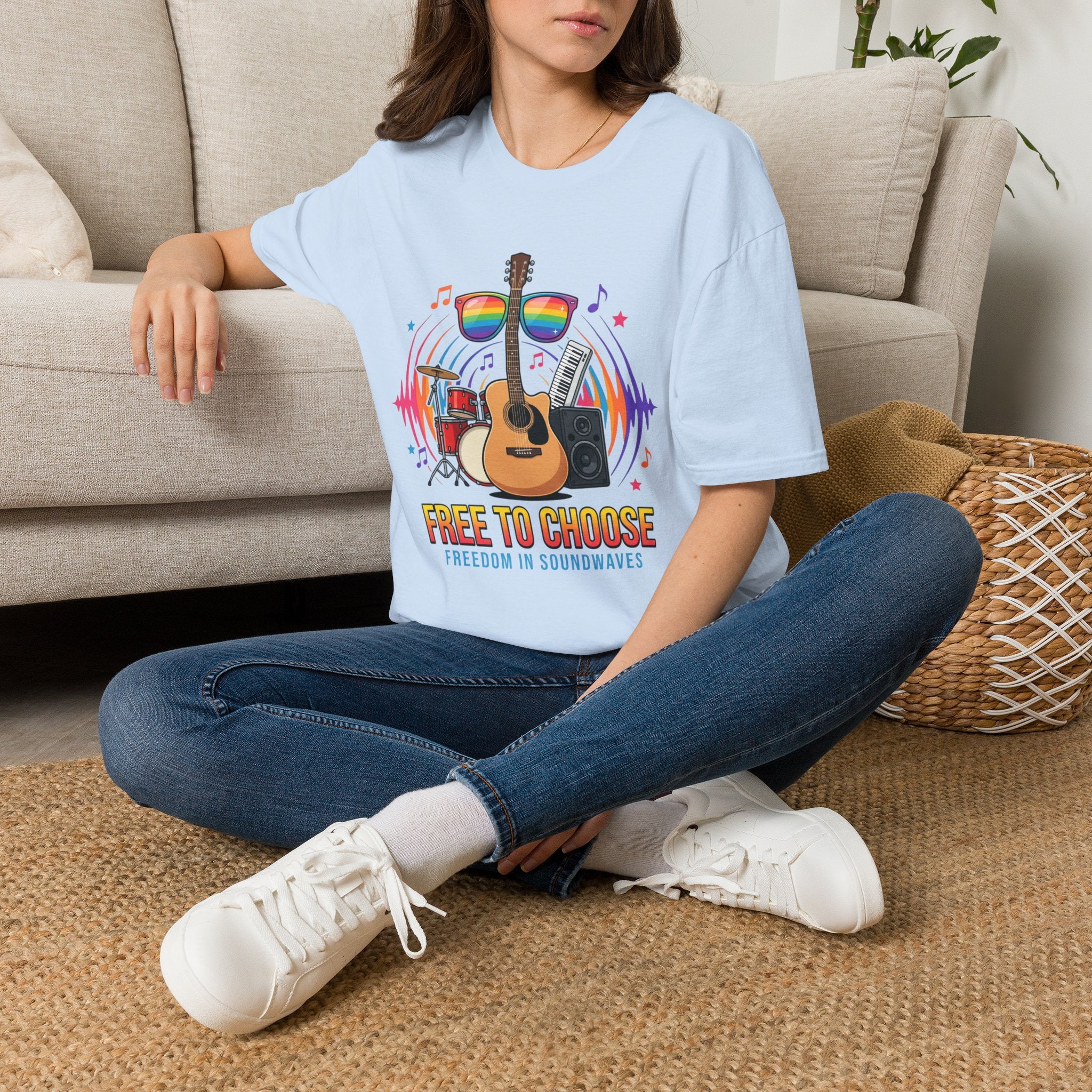 Music Pride T-Shirt — "Free to Choose" Rainbow Guitar Tee