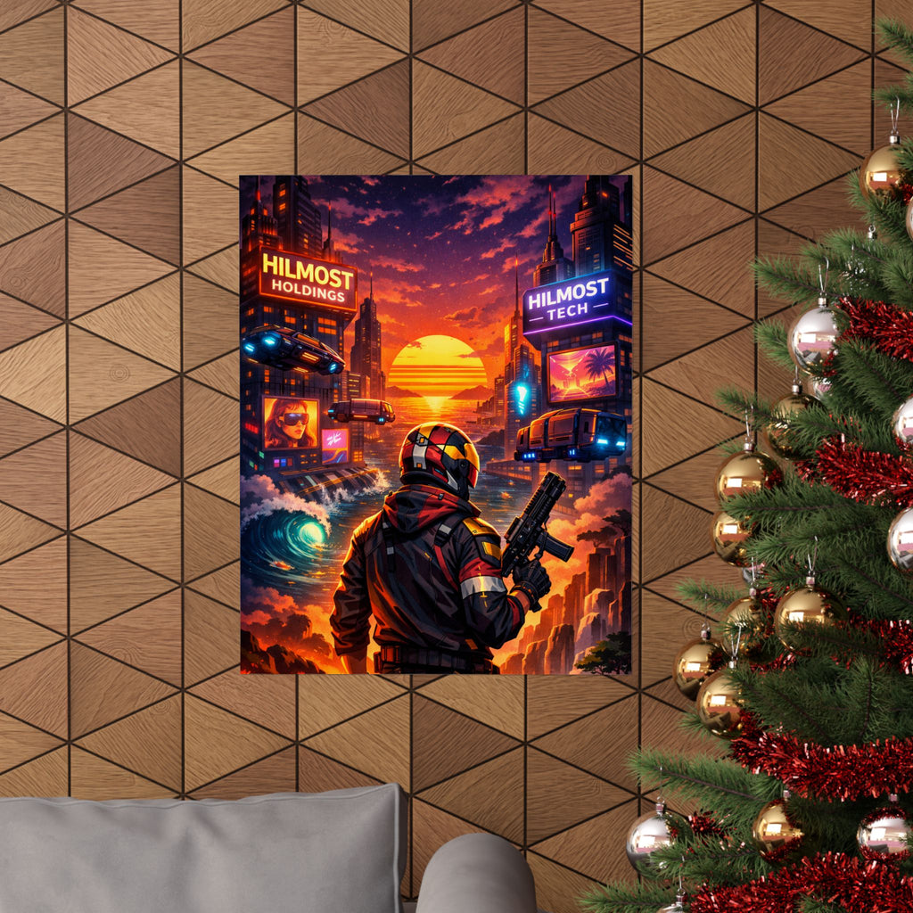 Cyber Sunset Poster — Retro Futuristic Soldier Matte Vertical Print