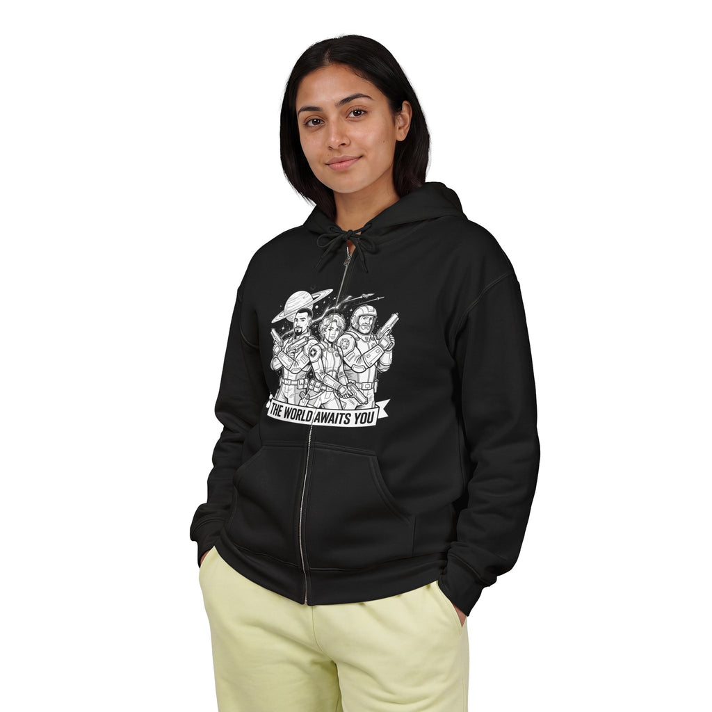 Zip Hoodie — 'The World Awaits You' Adventure Graphic