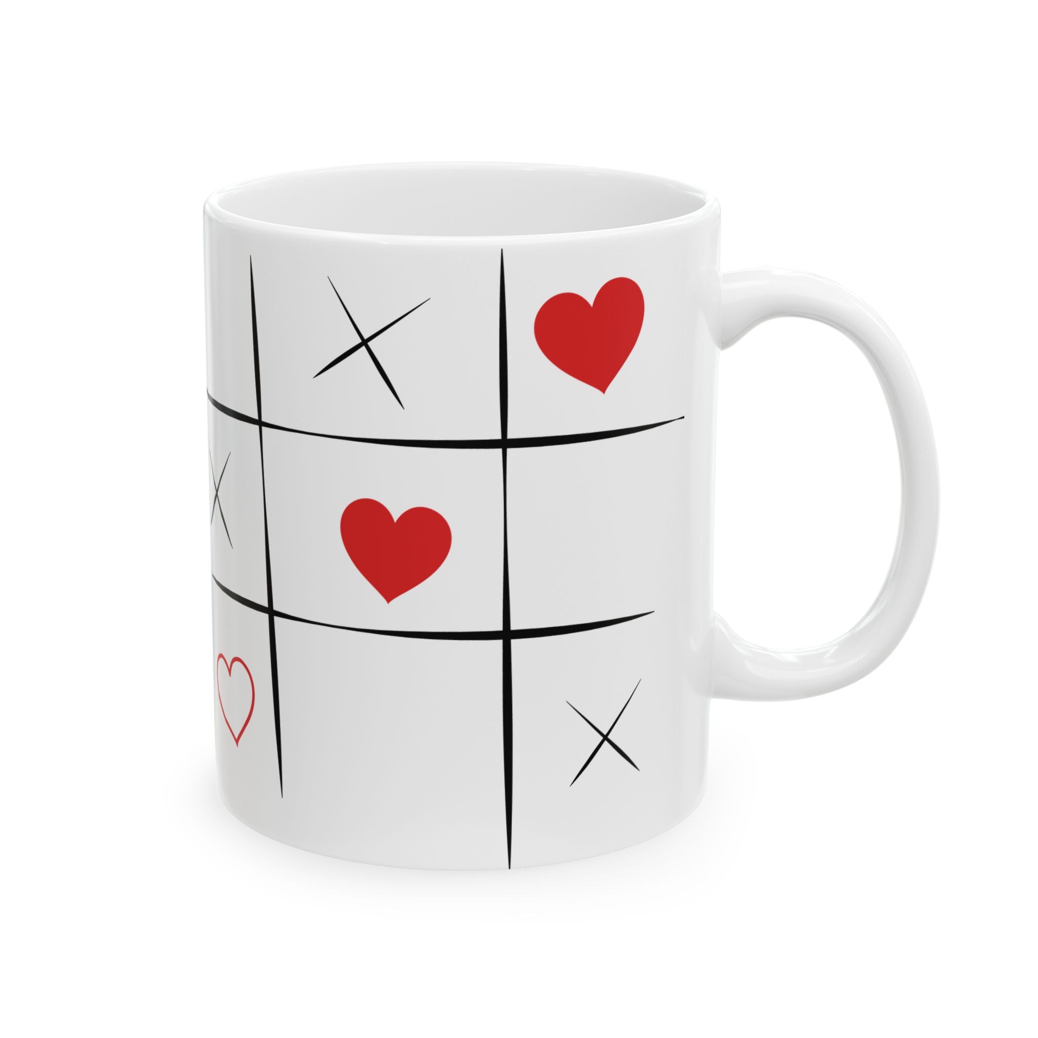 Heart Tic-Tac-Toe Ceramic Mug – Romantic XOXO Coffee Cup (11oz & 15oz)
