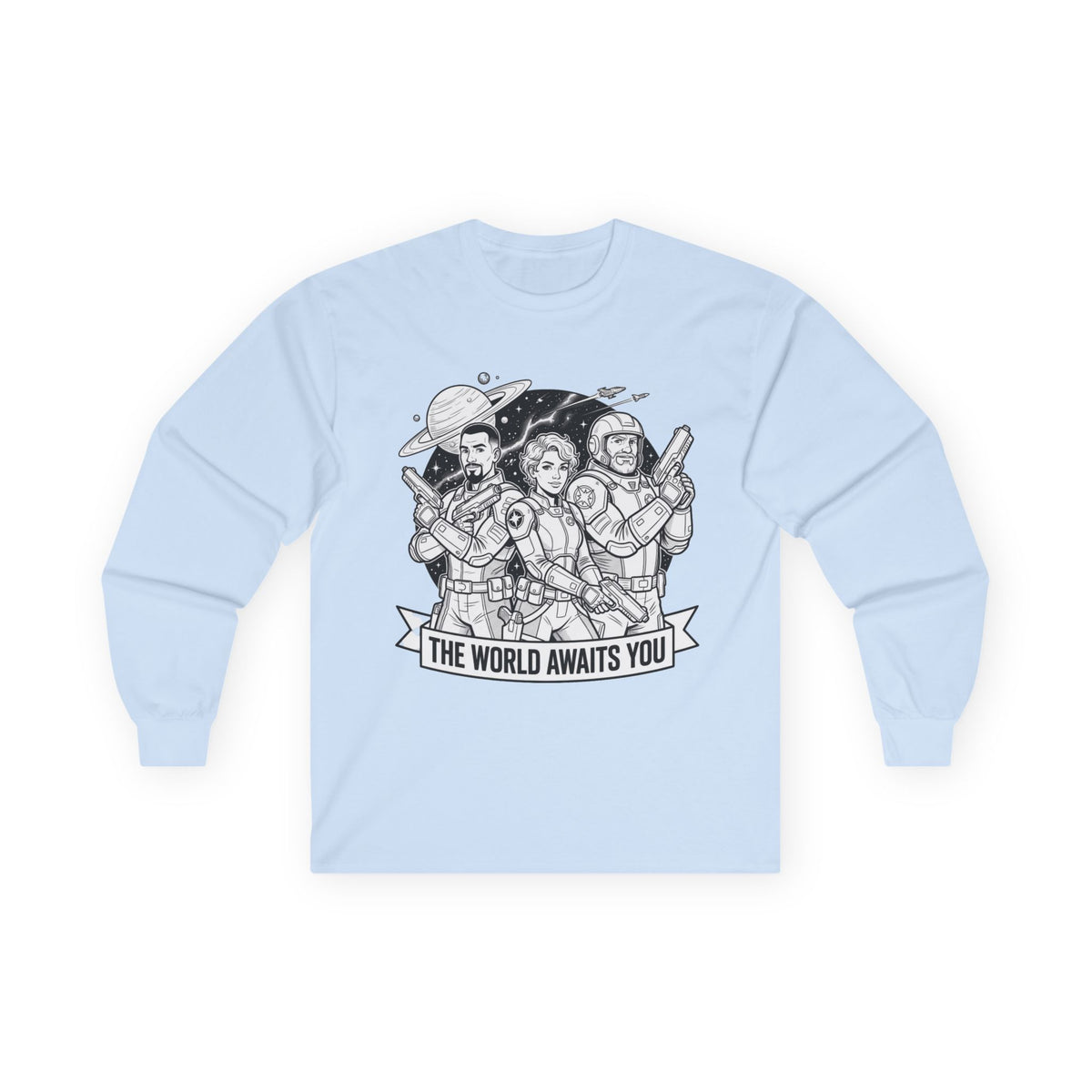 Long Sleeve Tee — "The World Awaits You" Retro Space Explorer Graphic