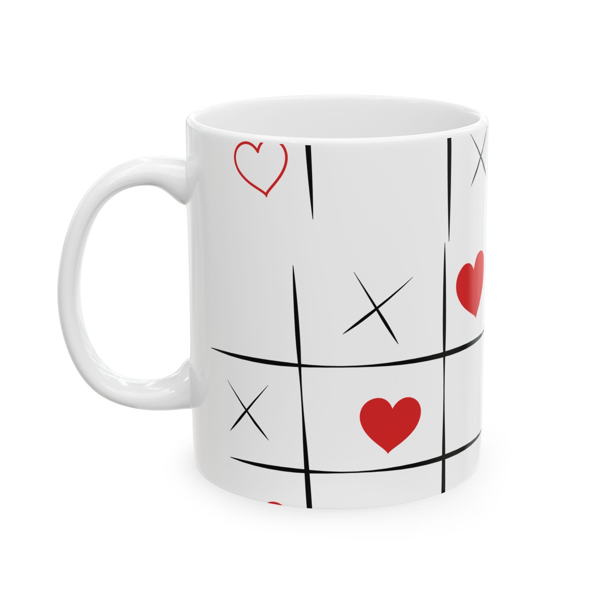 Tic-Tac-Toe Heart Ceramic Mug — Cute Valentine’s Day Love Game Coffee Cup (11oz/15oz)