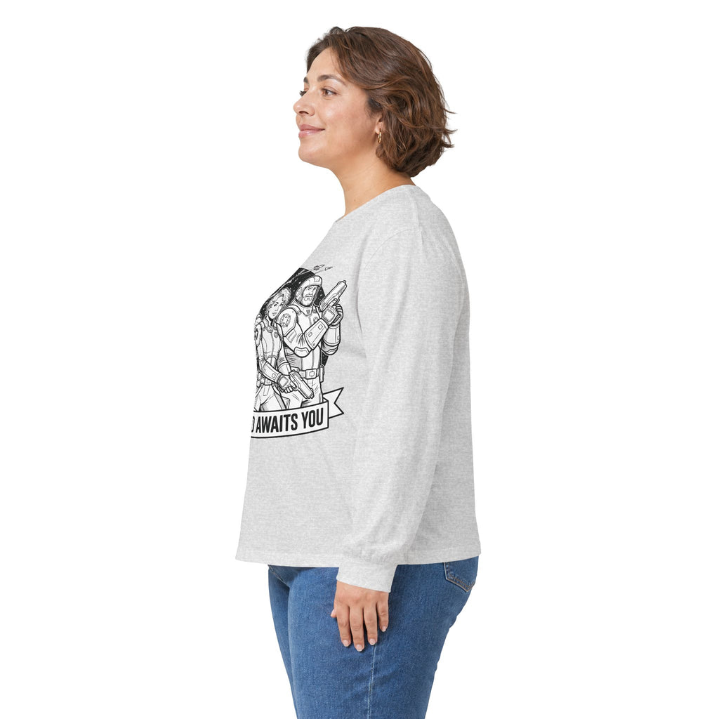 Long Sleeve Tee — "The World Awaits You" Retro Space Explorer Graphic
