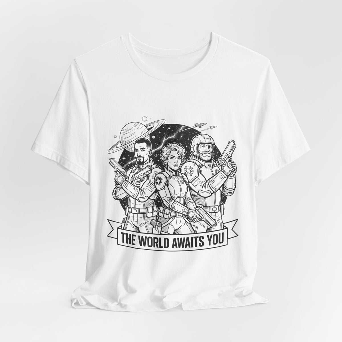 The World Awaits You Tee — Retro Space Crew Graphic T‑Shirt