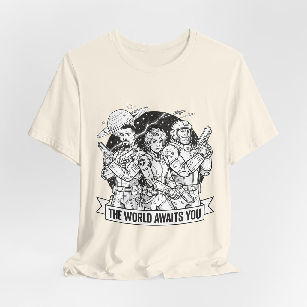 The World Awaits You Tee — Retro Space Crew Graphic T‑Shirt