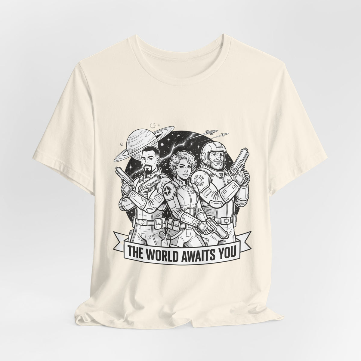 The World Awaits You Tee — Retro Space Crew Graphic T‑Shirt