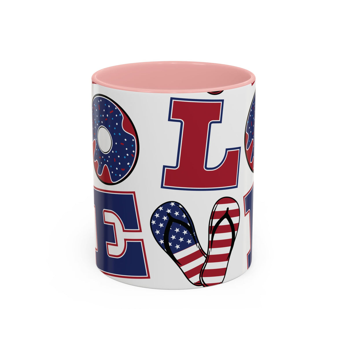 Patriotic Love Coffee Mug — Fourth of July USA Flag Donut & Flip-Flop Design