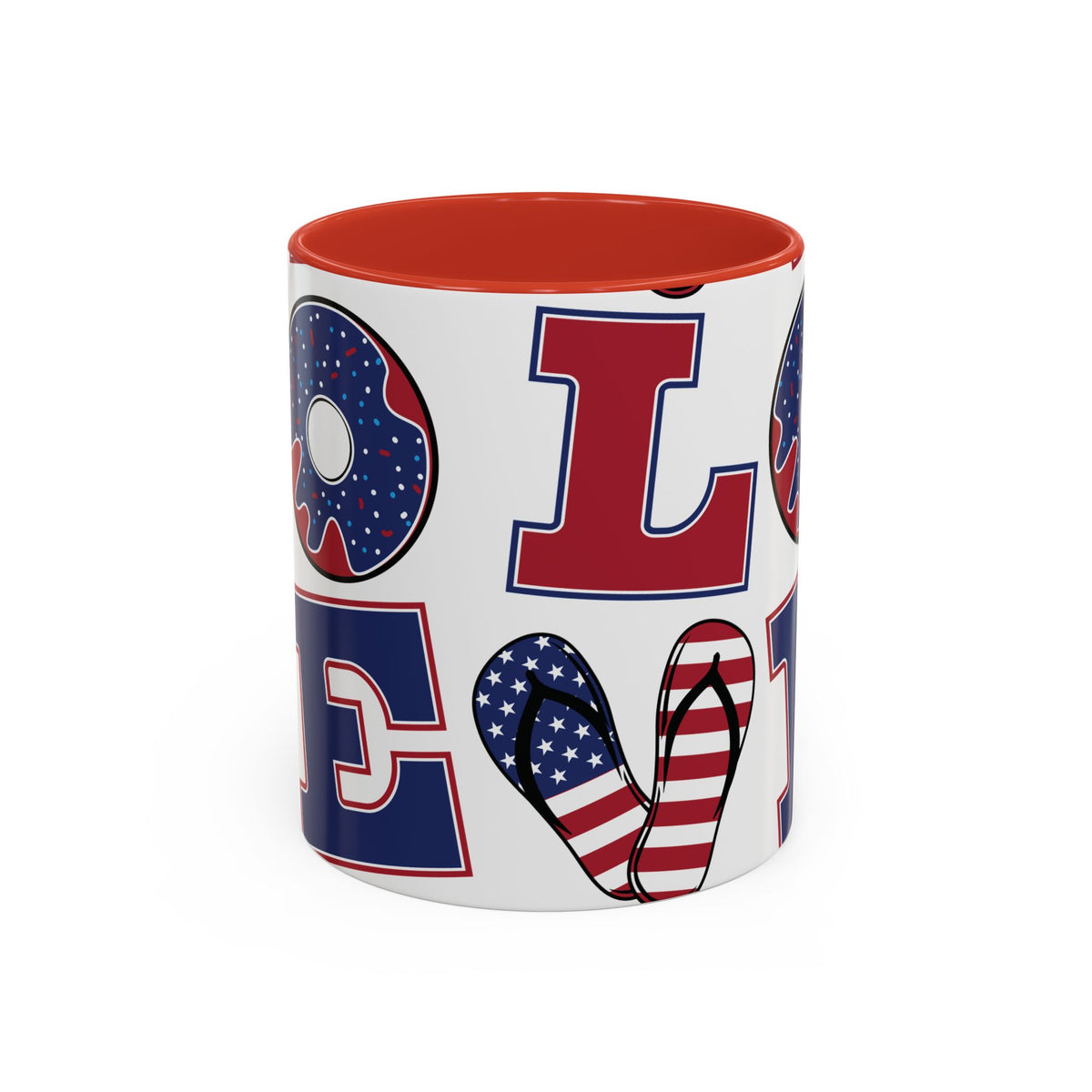 Patriotic Love Coffee Mug — Fourth of July USA Flag Donut & Flip-Flop Design