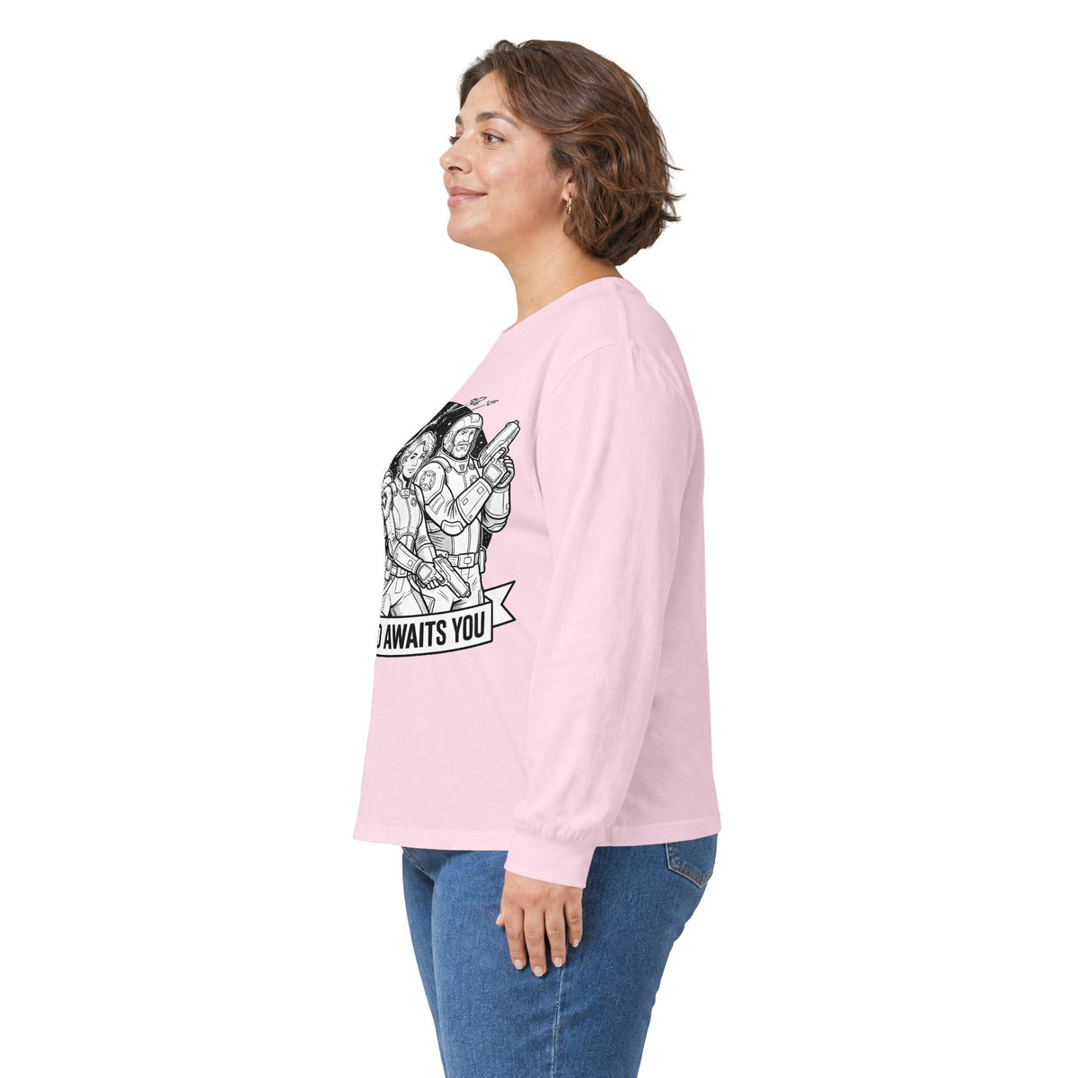 Long Sleeve Tee — "The World Awaits You" Retro Space Explorer Graphic