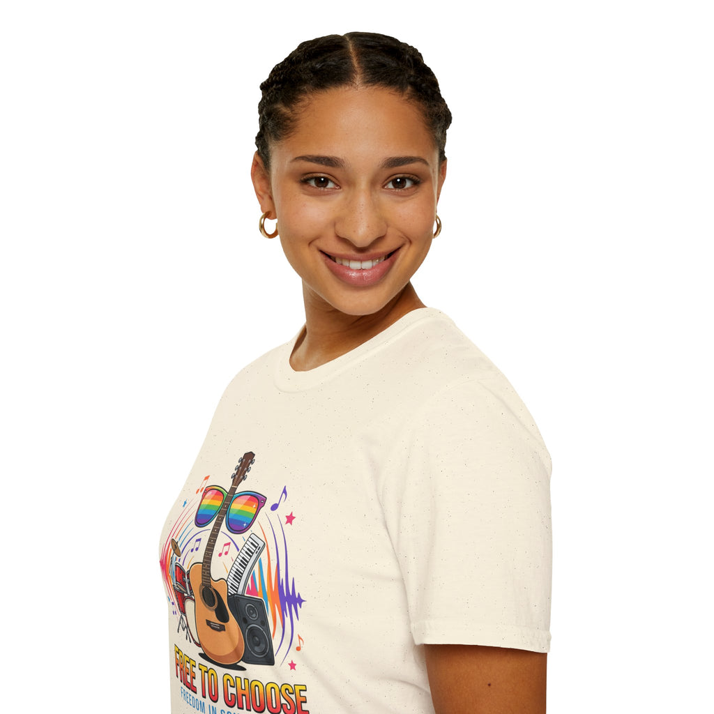 Music Pride T-Shirt — "Free to Choose" Rainbow Guitar Tee