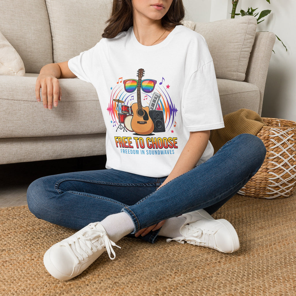 Music Pride T-Shirt — "Free to Choose" Rainbow Guitar Tee