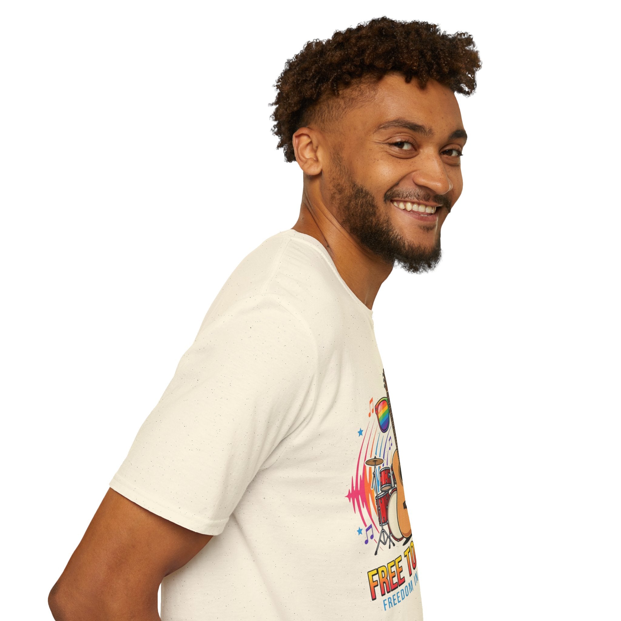 Music Pride T-Shirt — "Free to Choose" Rainbow Guitar Tee
