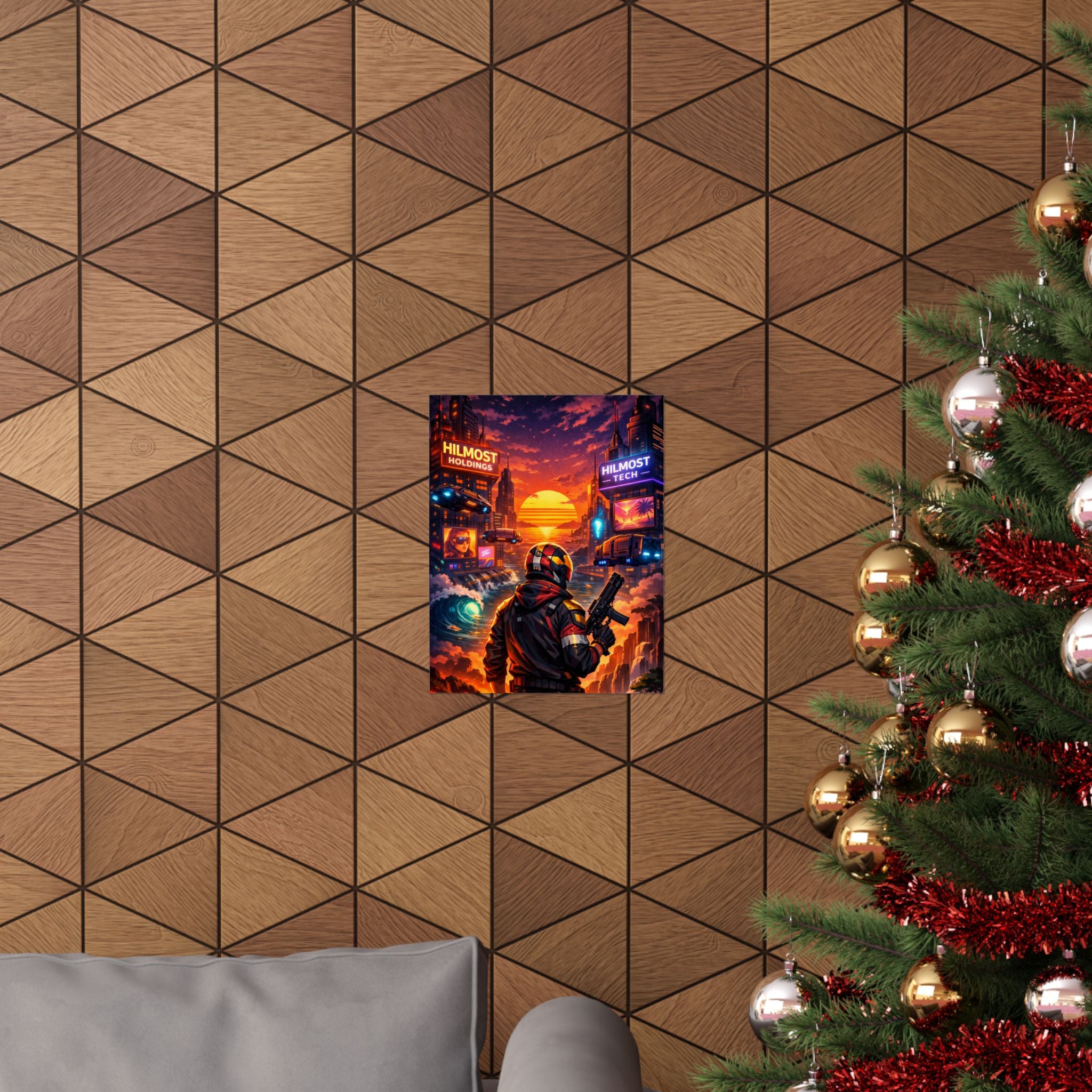 Cyber Sunset Poster — Retro Futuristic Soldier Matte Vertical Print
