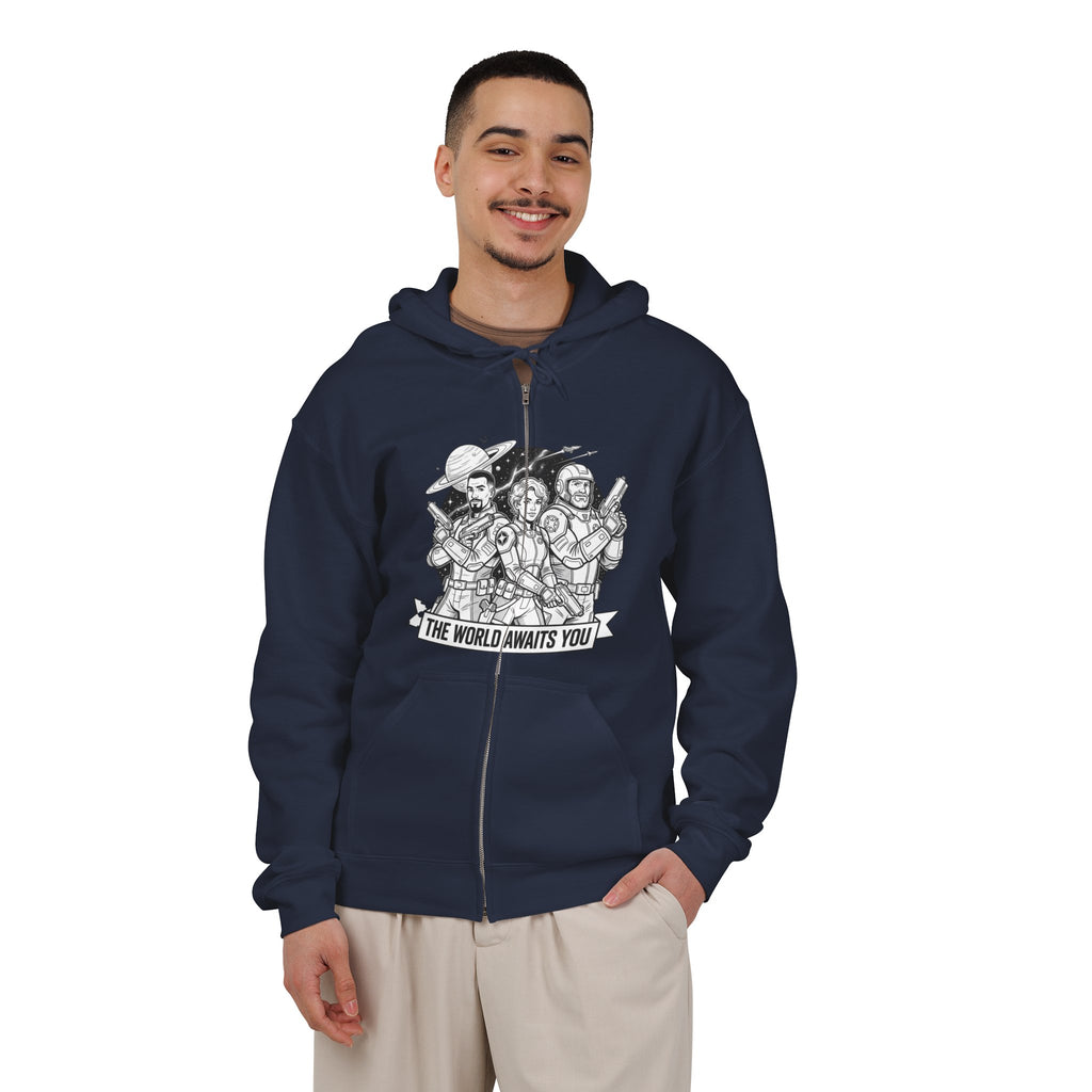 Zip Hoodie — 'The World Awaits You' Adventure Graphic