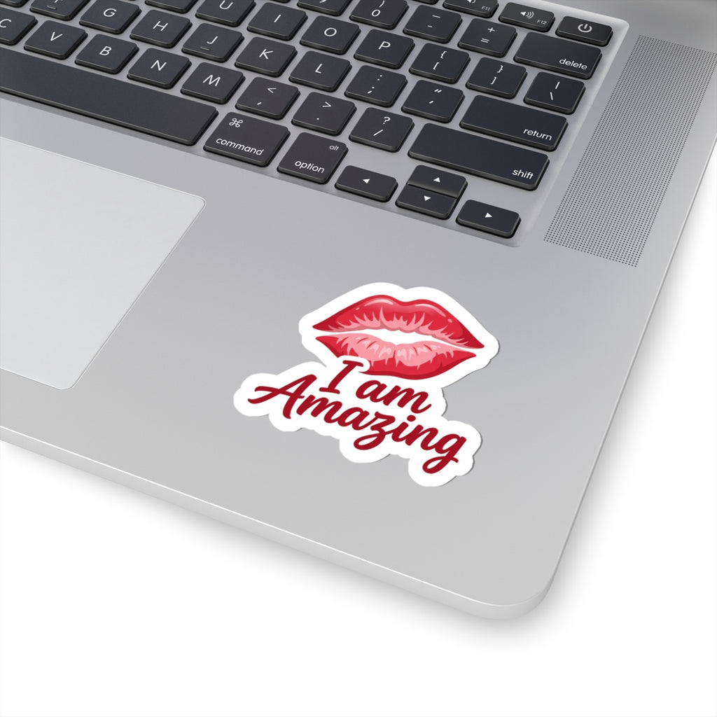I Am Amazing Kiss-Cut Sticker — Red Lip Print Self-Love Vinyl Decal