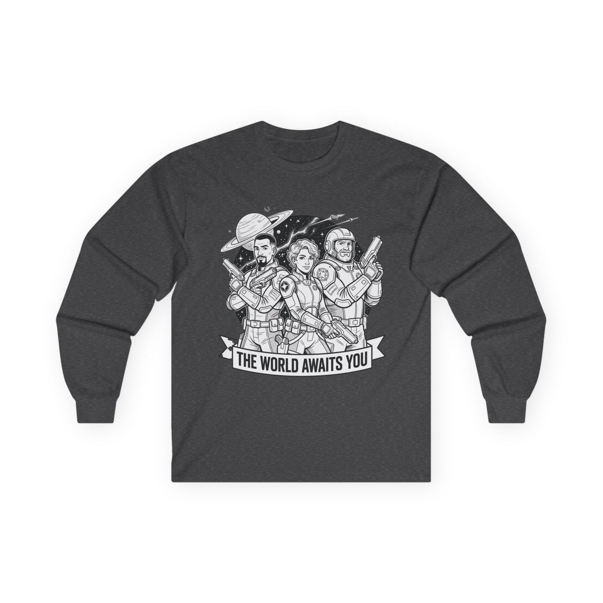 Long Sleeve Tee — "The World Awaits You" Retro Space Explorer Graphic