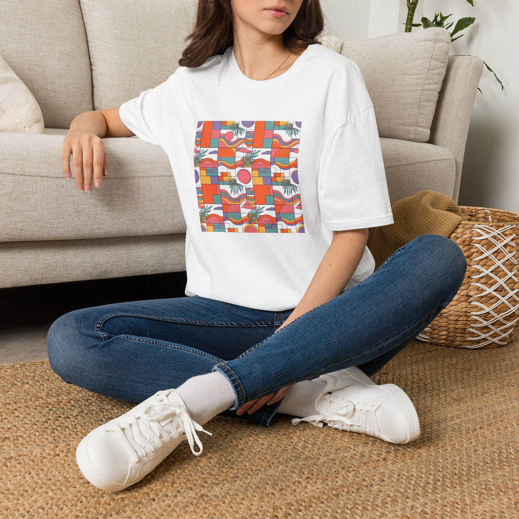 Retro Tropical Pattern T-Shirt — Colorful Geometric Beach Vibes