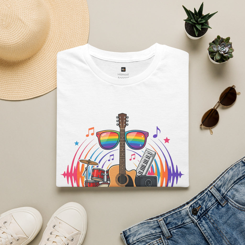 Music Pride T-Shirt — "Free to Choose" Rainbow Guitar Tee