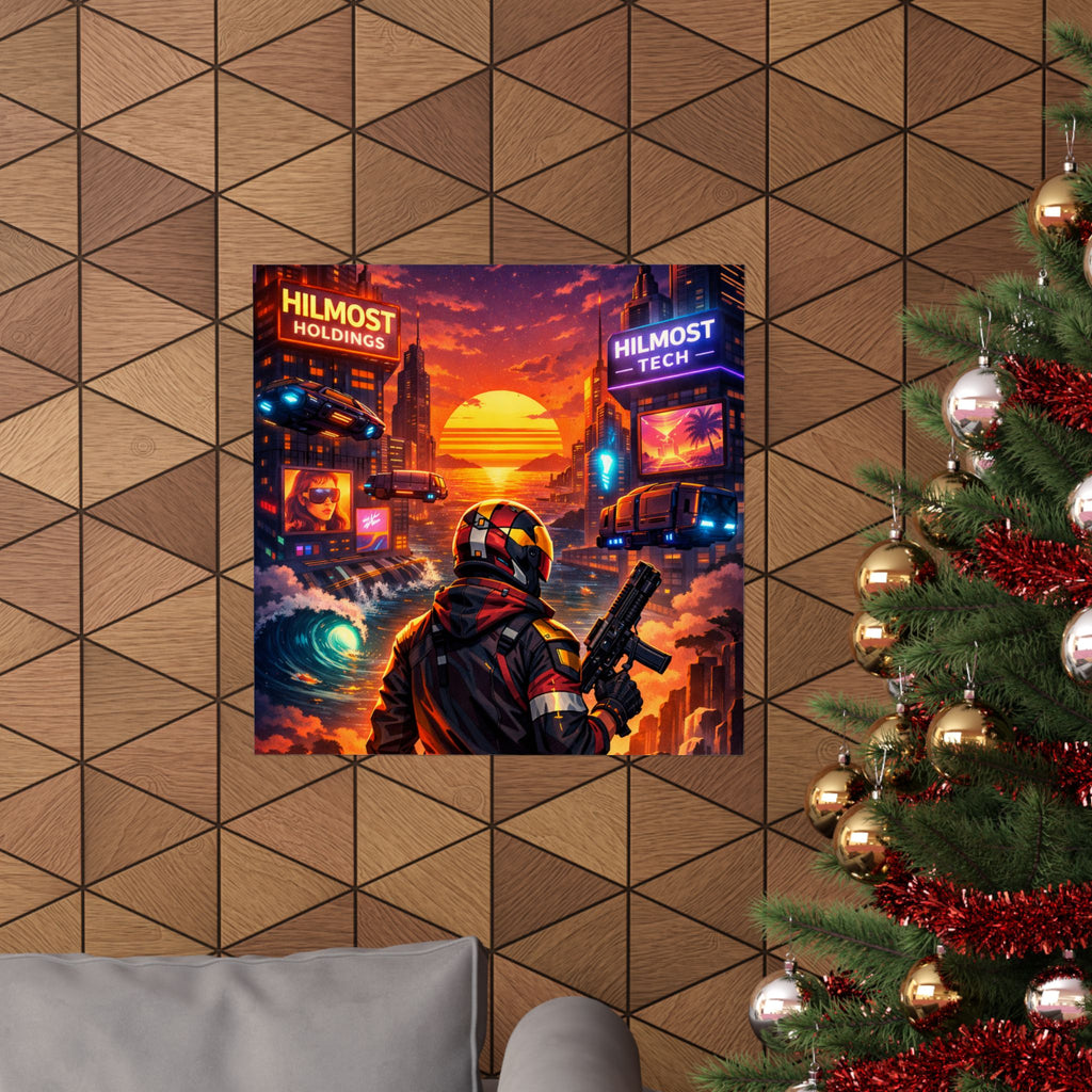 Cyber Sunset Poster — Retro Futuristic Soldier Matte Vertical Print