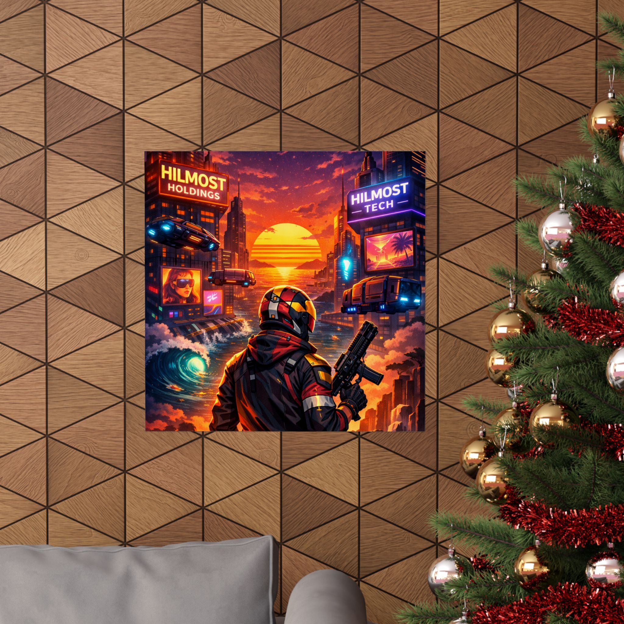 Cyber Sunset Poster — Retro Futuristic Soldier Matte Vertical Print