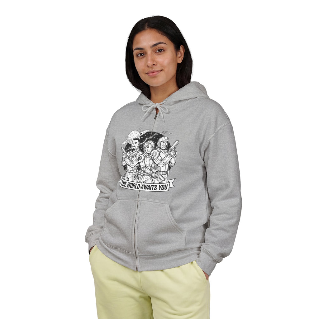 Zip Hoodie — 'The World Awaits You' Adventure Graphic