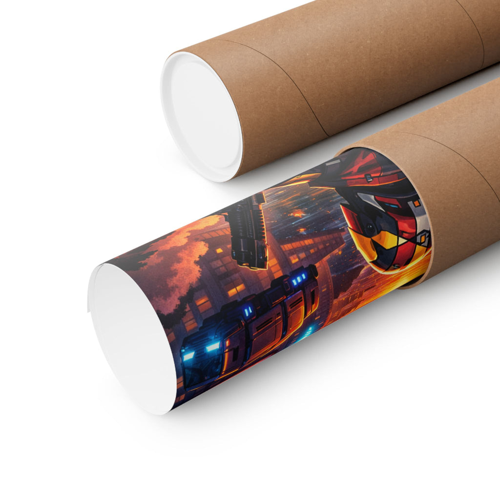 Cyber Sunset Poster — Retro Futuristic Soldier Matte Vertical Print
