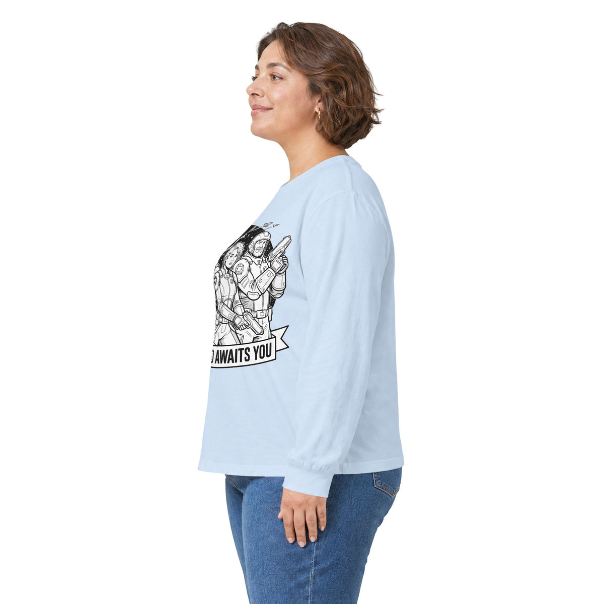 Long Sleeve Tee — "The World Awaits You" Retro Space Explorer Graphic