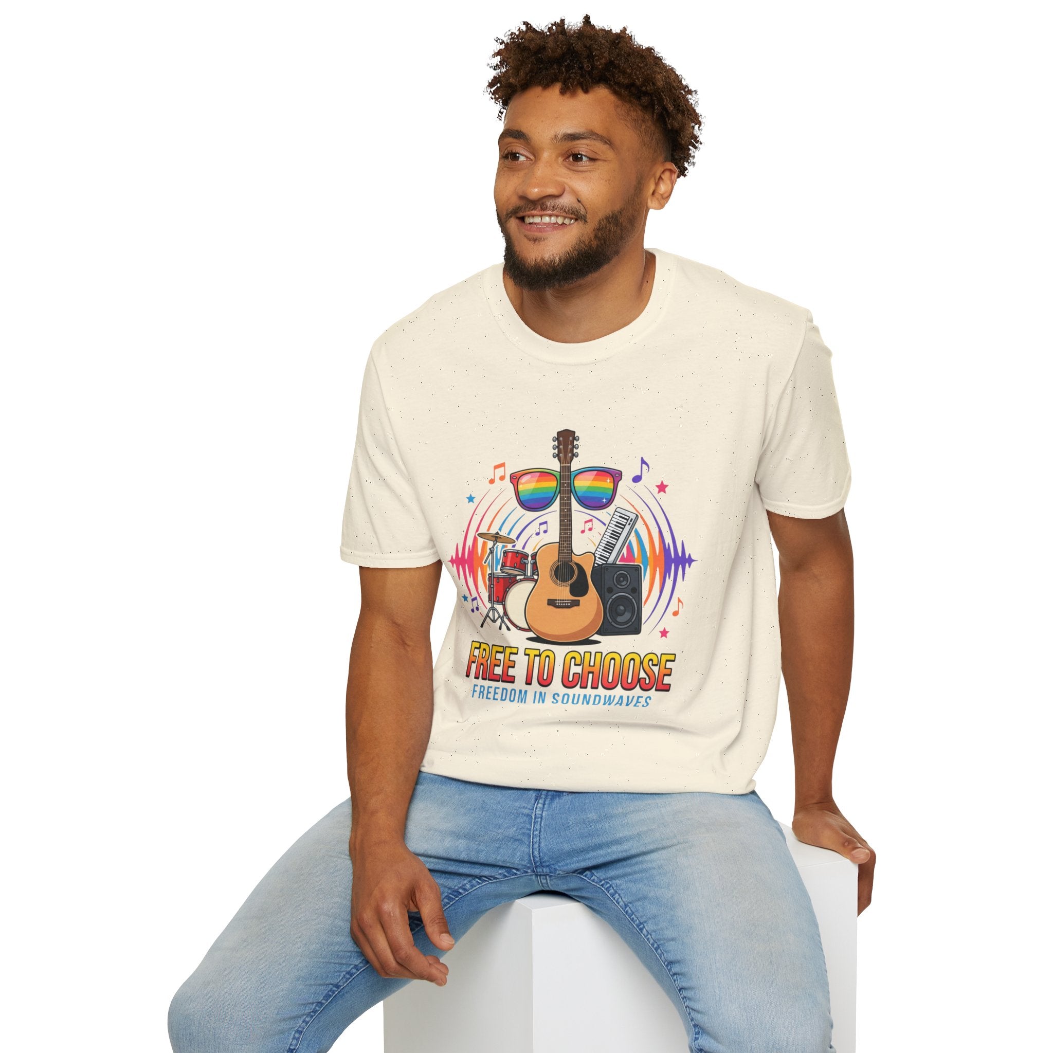 Music Pride T-Shirt — "Free to Choose" Rainbow Guitar Tee
