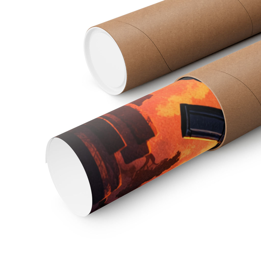Cyber Sunset Poster — Retro Futuristic Soldier Matte Vertical Print