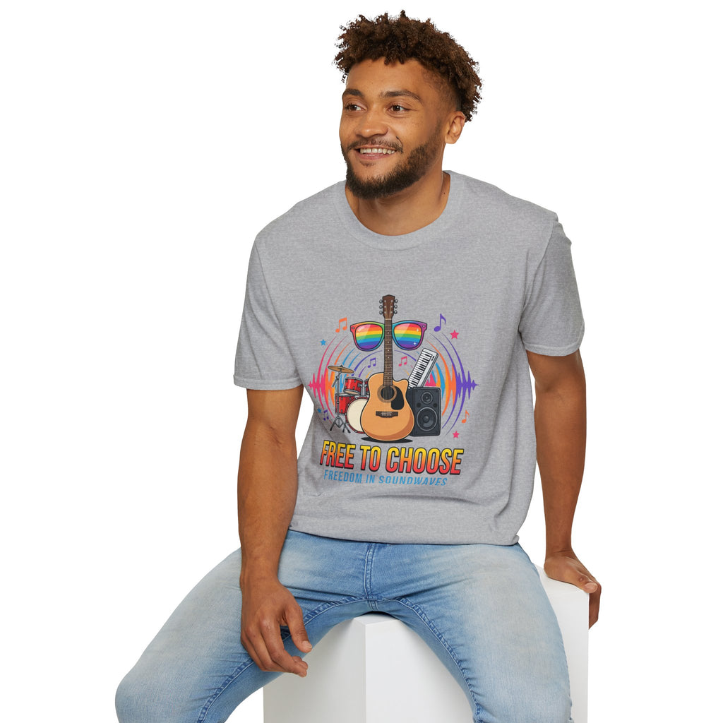 Music Pride T-Shirt — "Free to Choose" Rainbow Guitar Tee