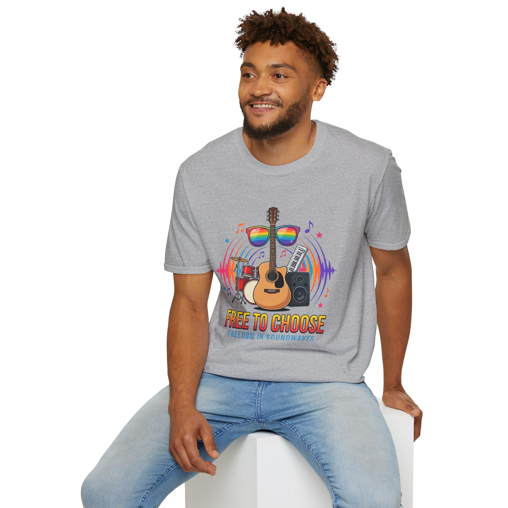 Music Pride T-Shirt — "Free to Choose" Rainbow Guitar Tee