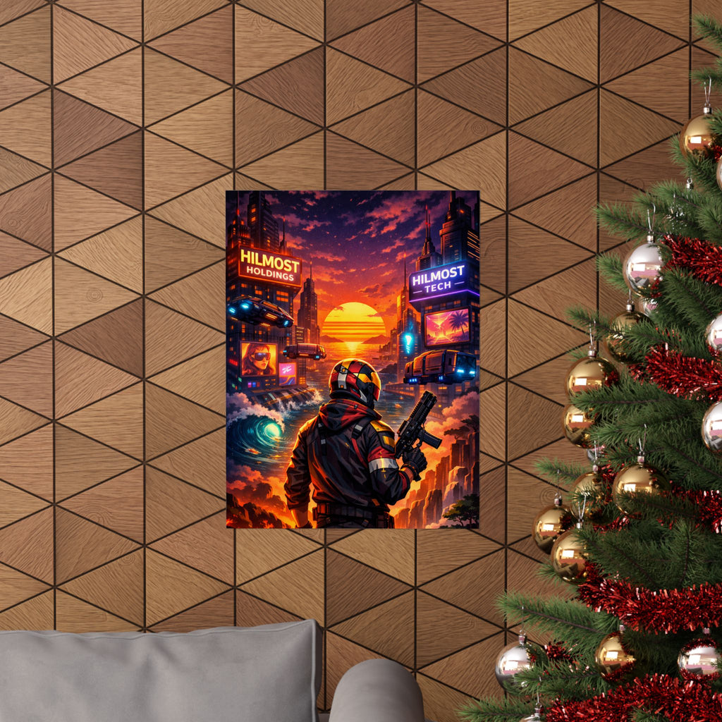 Cyber Sunset Poster — Retro Futuristic Soldier Matte Vertical Print