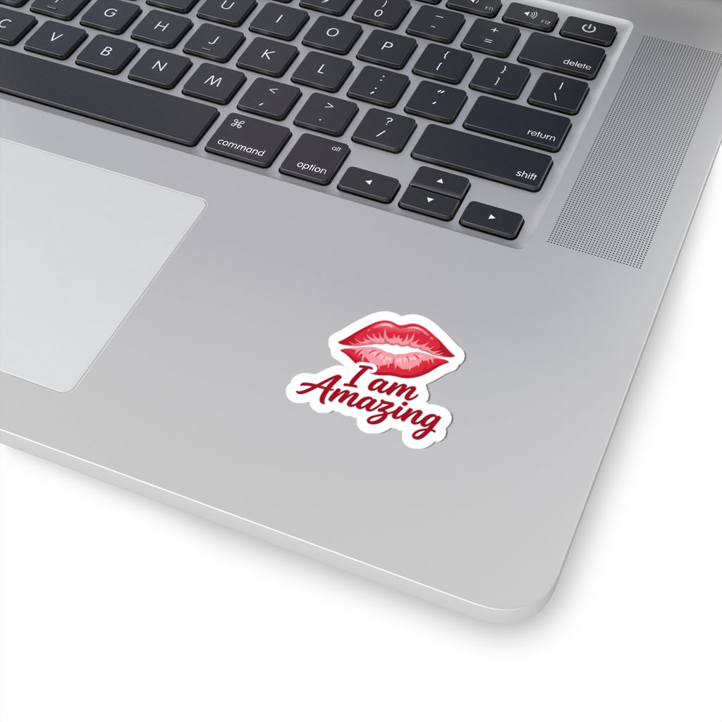 I Am Amazing Kiss-Cut Sticker — Red Lip Print Self-Love Vinyl Decal