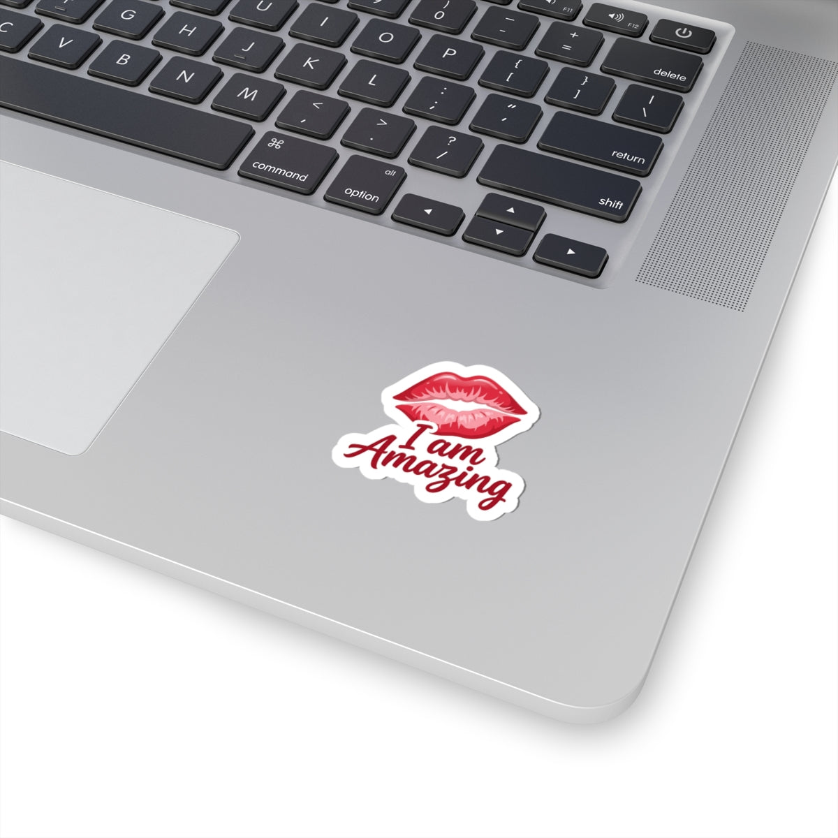 I Am Amazing Kiss-Cut Sticker — Red Lip Print Self-Love Vinyl Decal