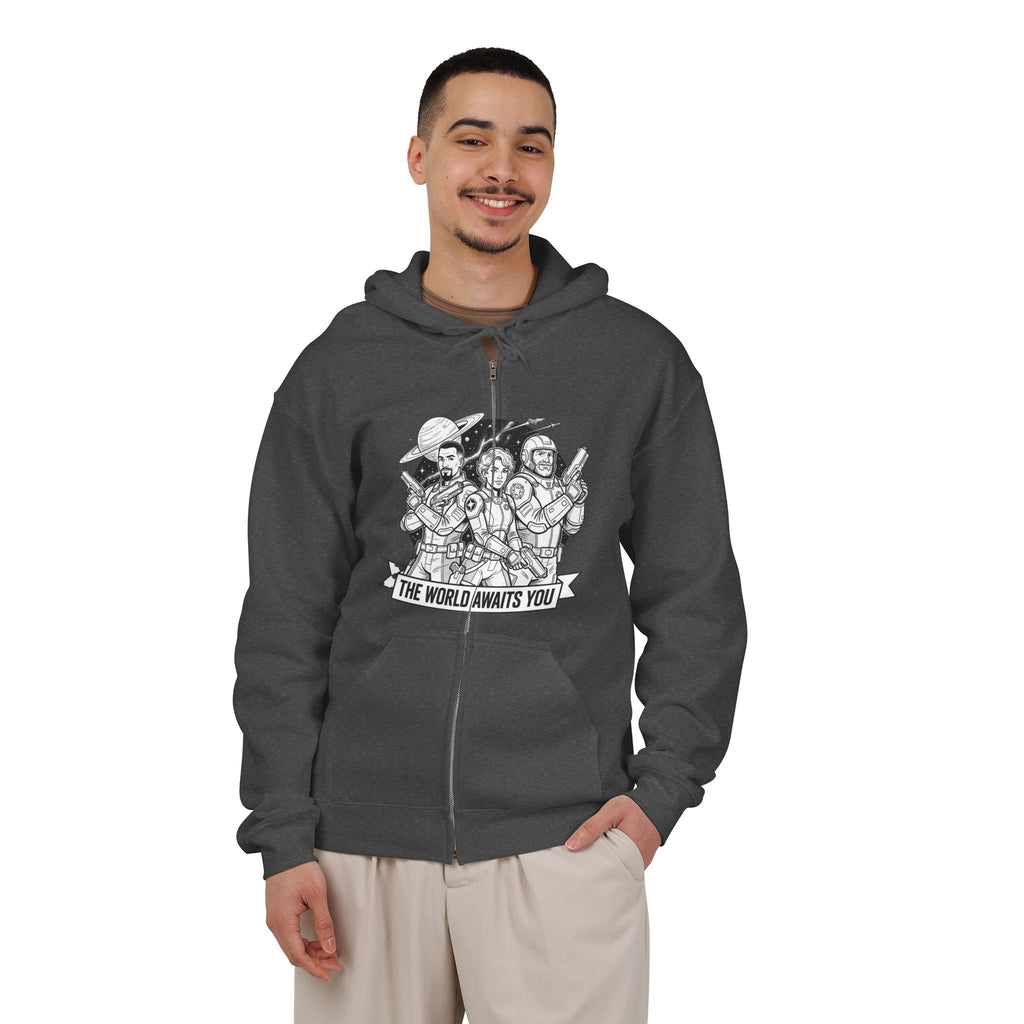 Zip Hoodie — 'The World Awaits You' Adventure Graphic