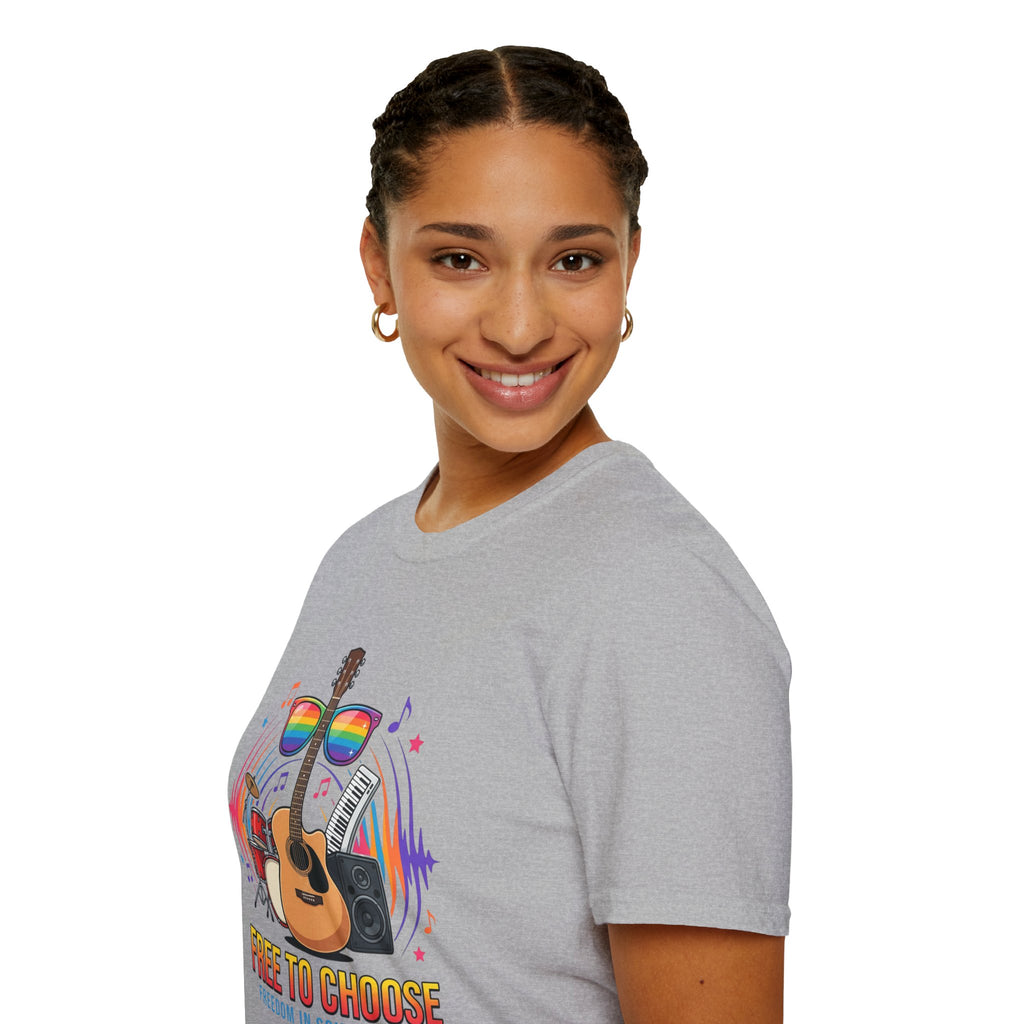 Music Pride T-Shirt — "Free to Choose" Rainbow Guitar Tee